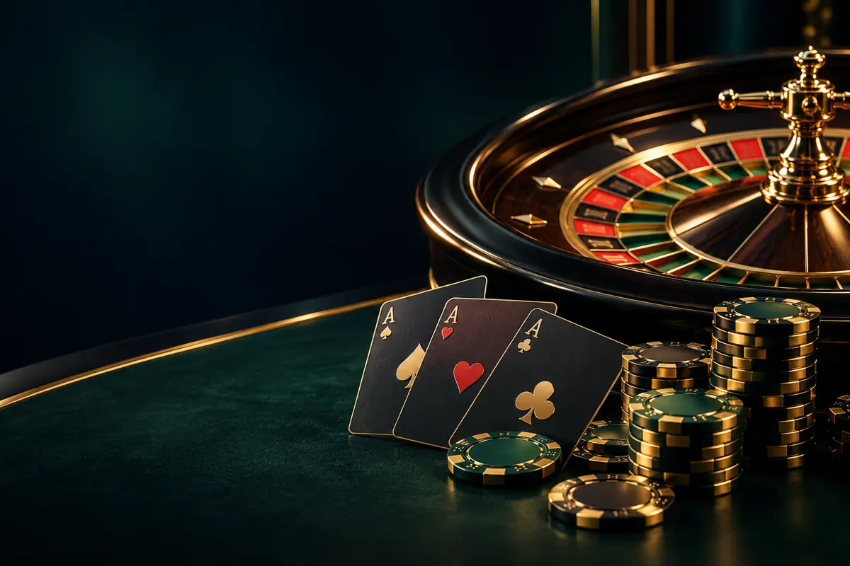 Roulette wheel, playing cards and casino chips