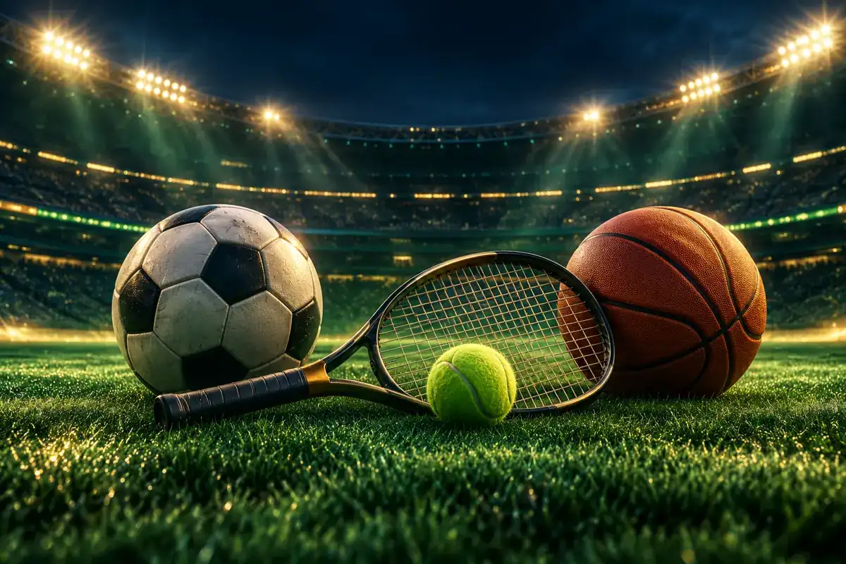 Football, tennis and basketball in a stadium